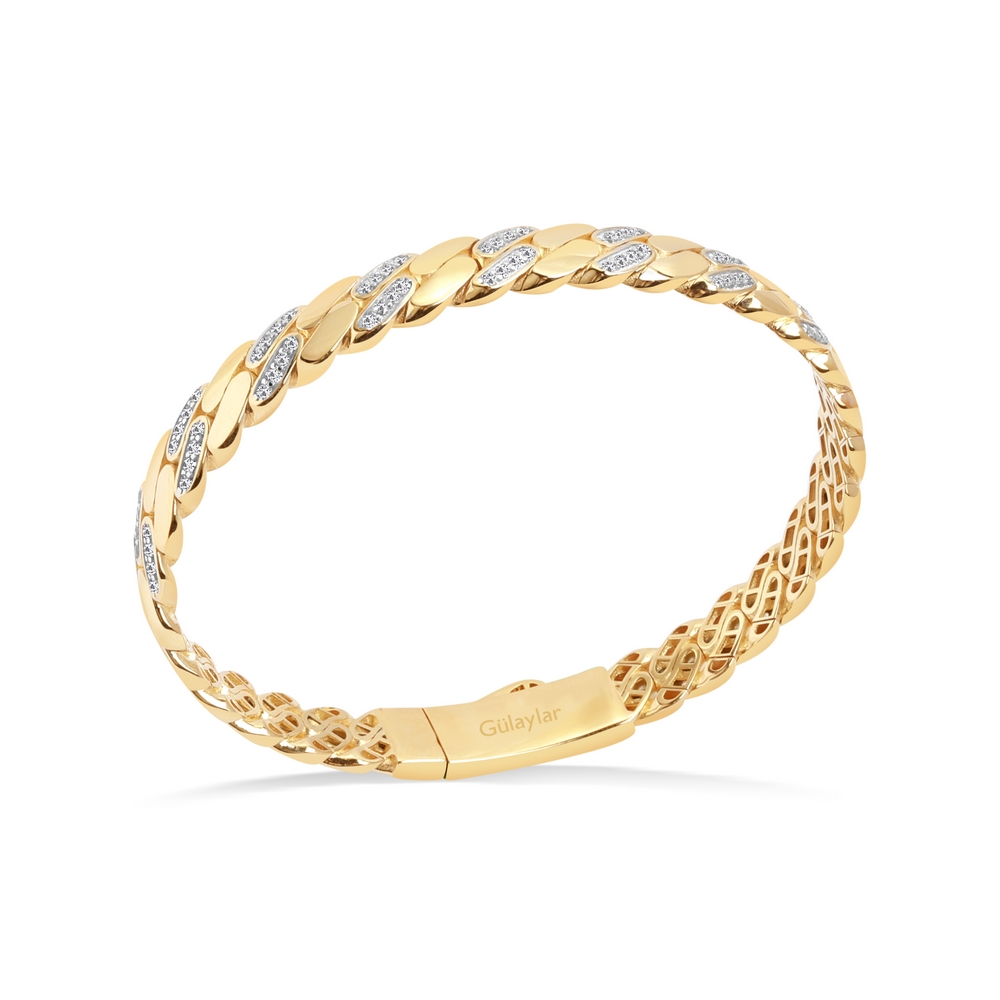 14 Ayar Sarı Altın Taşlı Kelepçe Bilezik