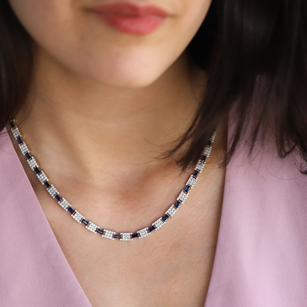 14 Ayar Sarı Altın Mavi Taşlı Gerdanlık Kolye