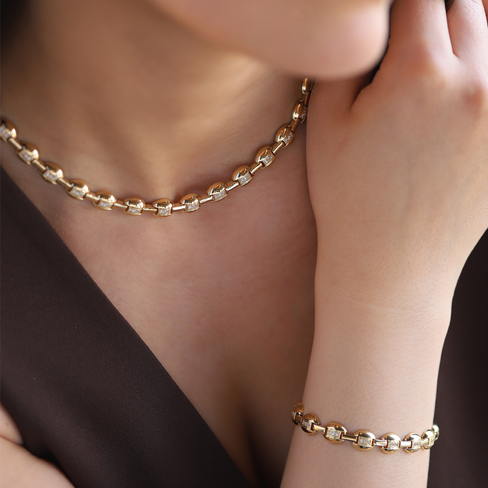 14 Ayar Sarı Altın Taşlı Gerdanlık Kolye