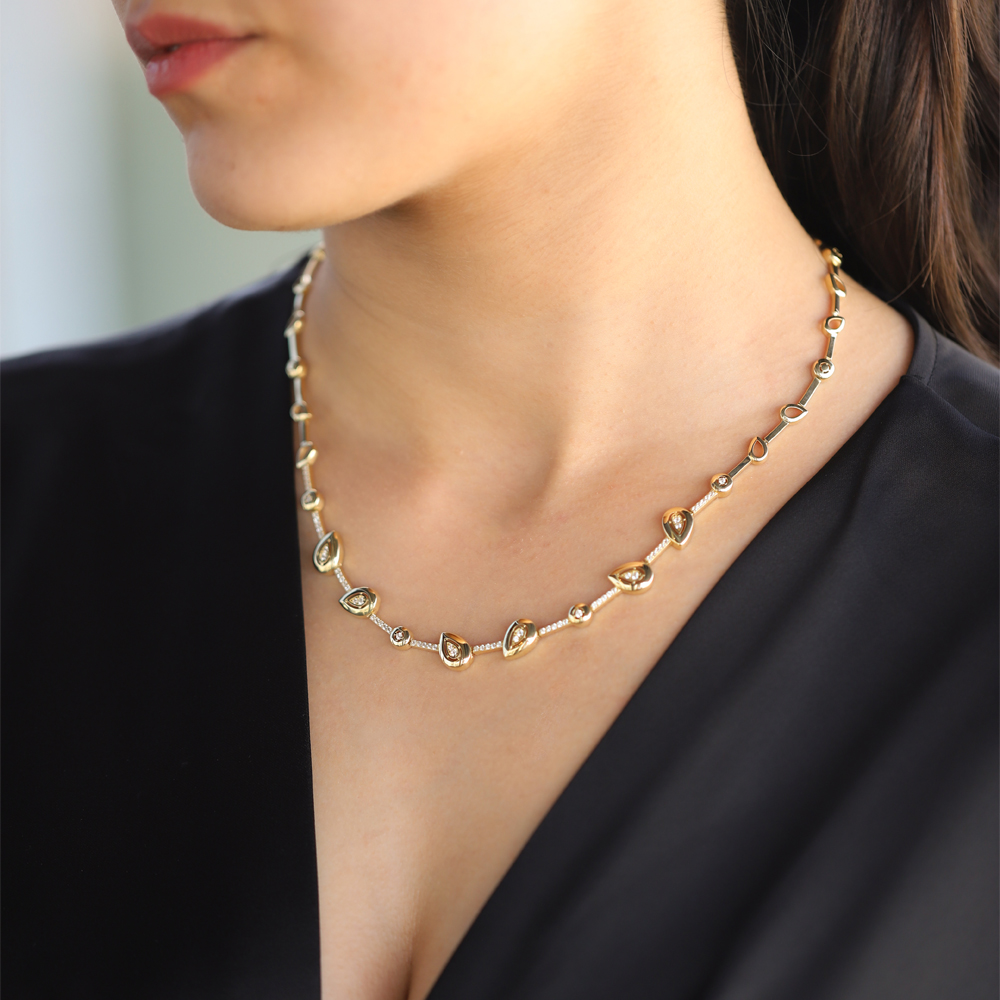 14 Ayar Sarı Altın Damla Taşlı Gerdanlık Kolye