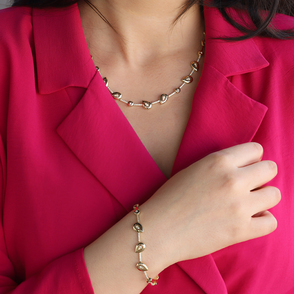 14 Ayar Sarı Altın Damla Taşlı Gerdanlık Kolye