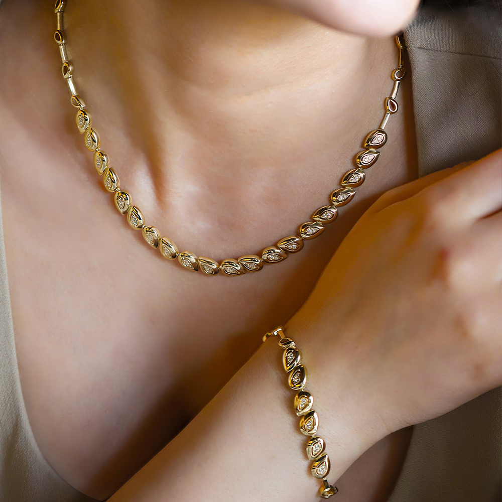 14 Ayar Sarı Altın Damla Taşlı Gerdanlık Kolye