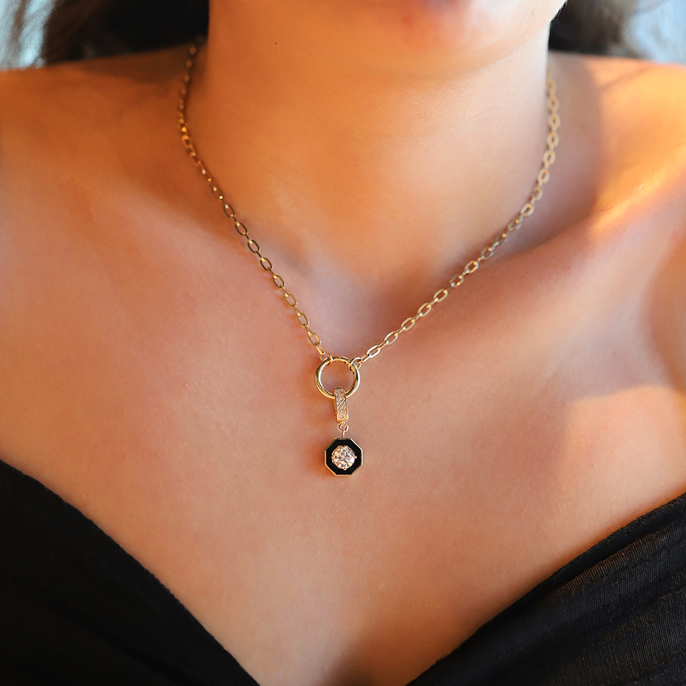 14 Ayar Sarı Altın Siyah Mineli Sekizgen Kolye Ucu