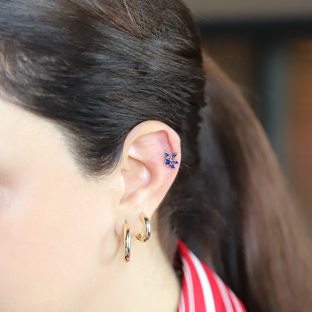 14 Ayar Sarı Altın Mavi Taşlı Tragus Piercing