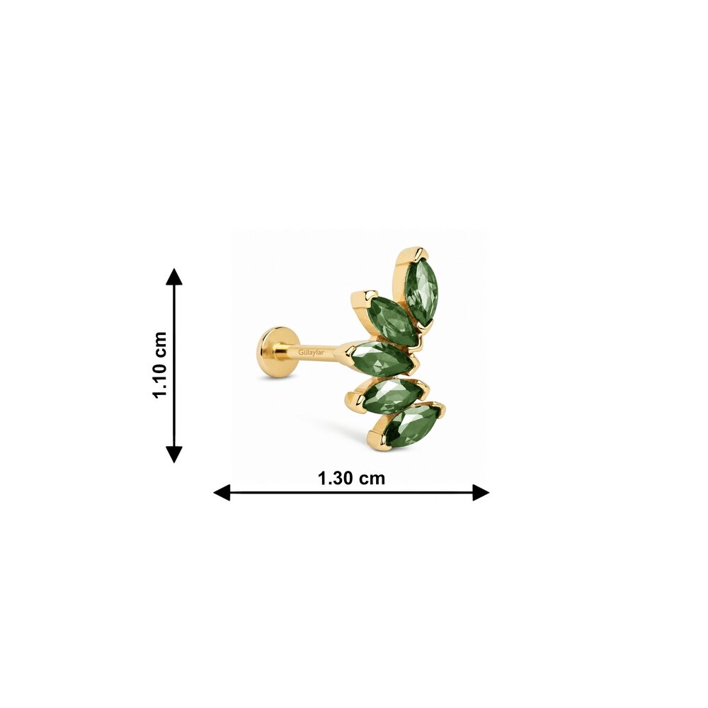 14 Ayar Sarı Altın Yeşil Taşlı Tragus Piercing