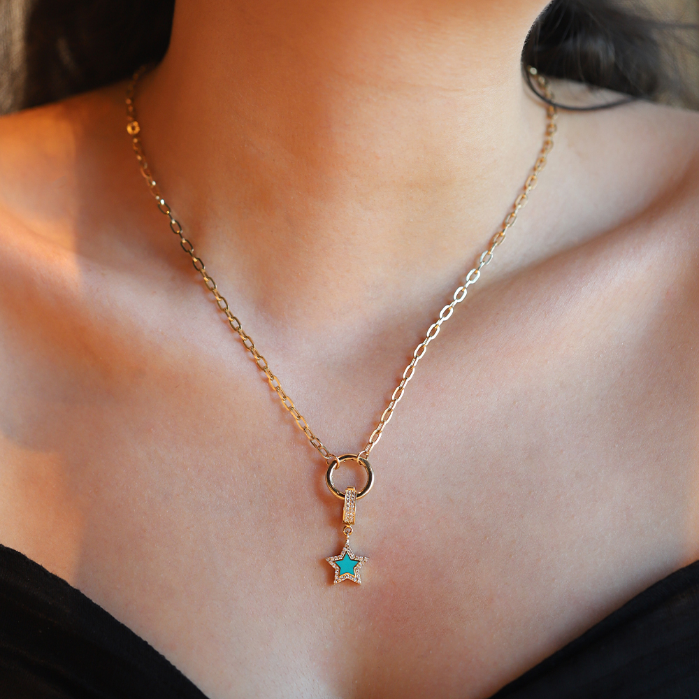 14 Ayar Sarı Altın Mavi Mineli Yıldız Kolye Ucu