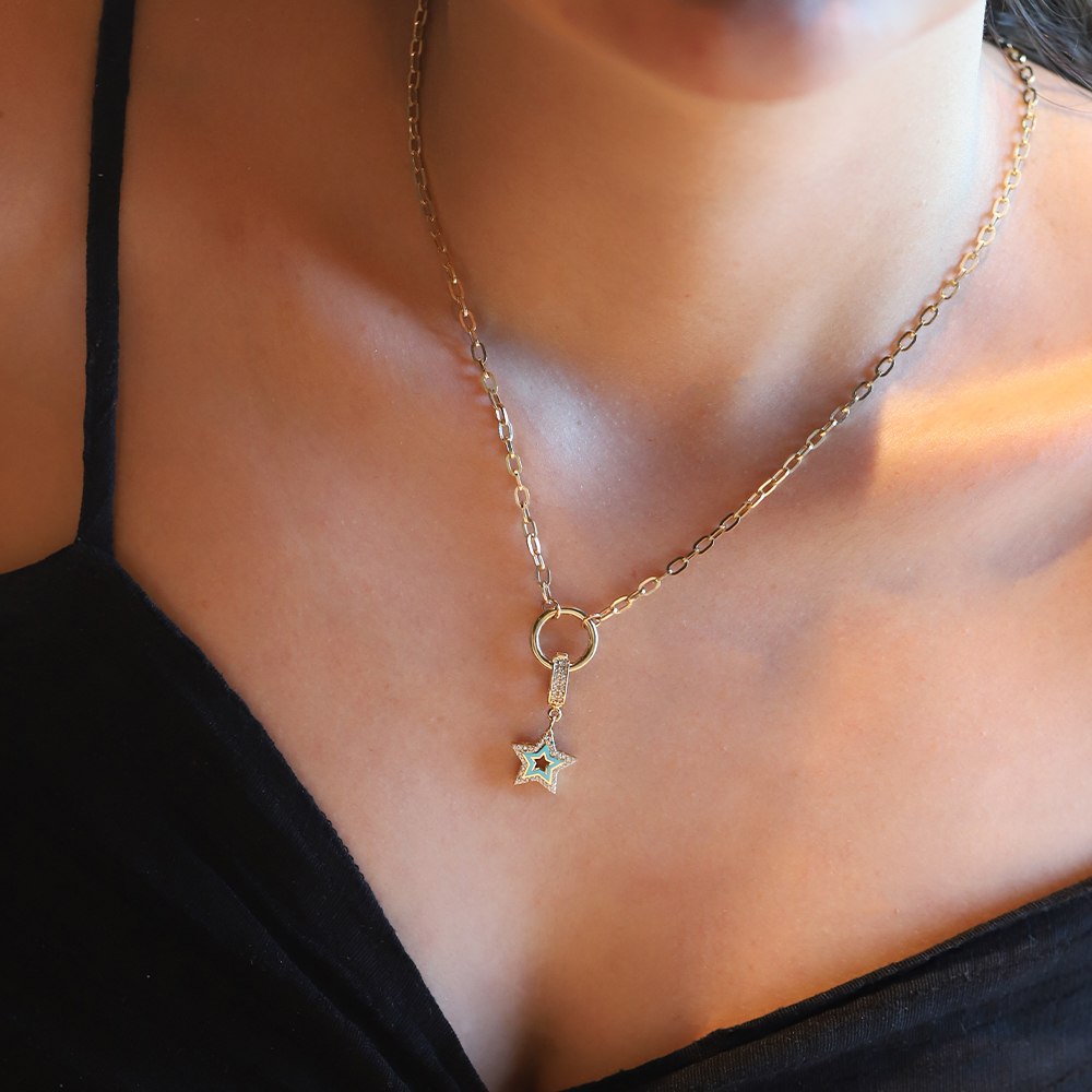 14 Ayar Sarı Altın Mavi Mineli Yıldız Kolye Ucu