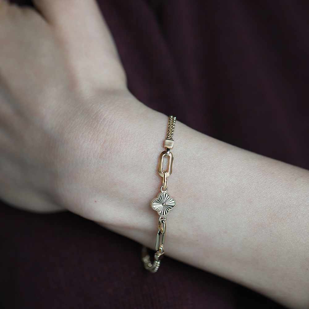 14 Ayar Sarı Altın Yonca Balık Sırtı Bileklik