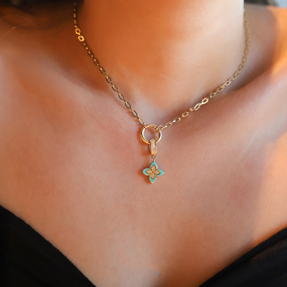 14 Ayar Sarı Altın Mavi Mineli Yonca Kolye Ucu