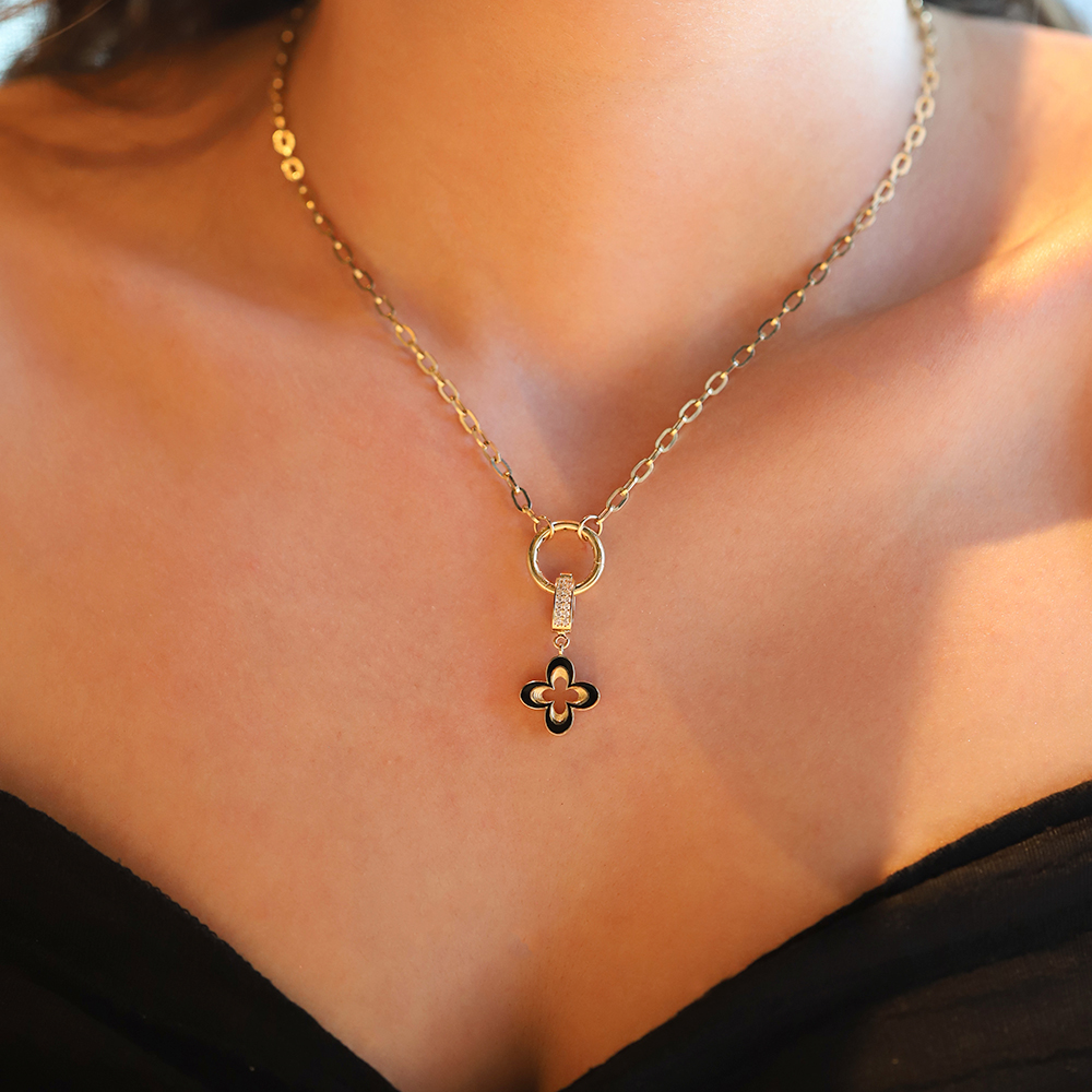 14 Ayar Sarı Altın Siyah Mineli Yonca Kolye Ucu