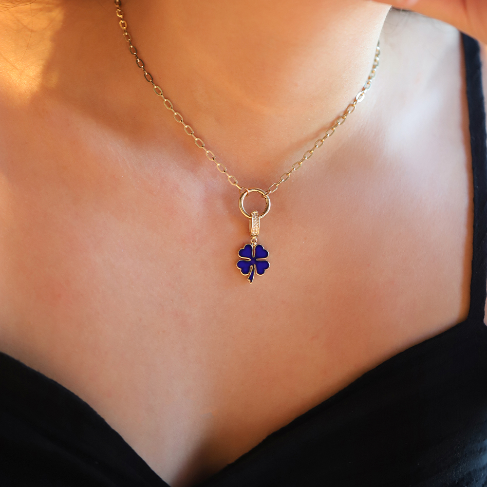 14 Ayar Sarı Altın Mavi Mineli Yonca Kolye Ucu