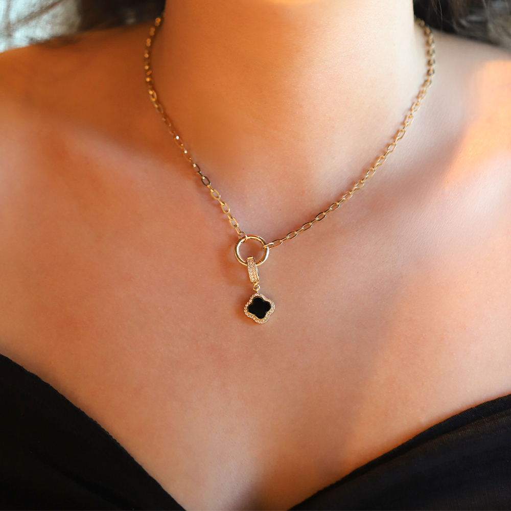 14 Ayar Sarı Altın Siyah Mineli Yonca Kolye Ucu