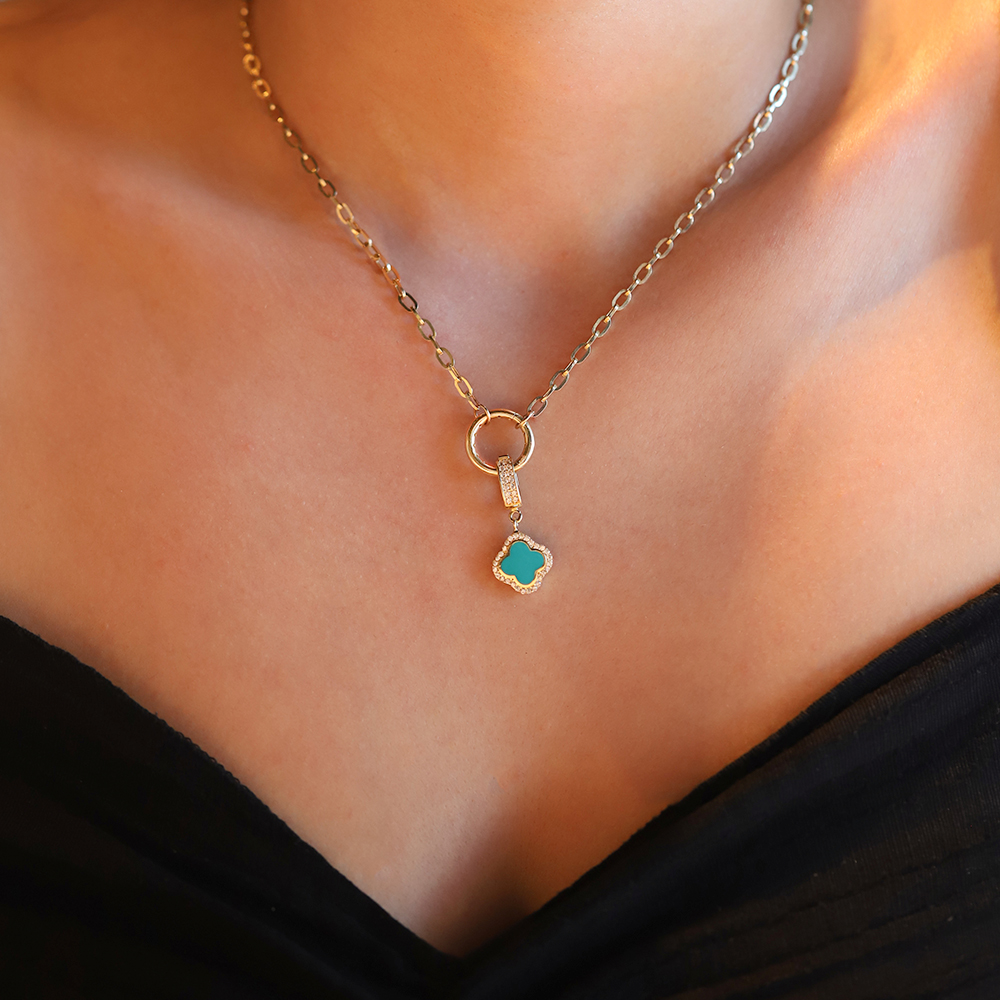 14 Ayar Sarı Altın Mavi Mineli Yonca Kolye Ucu