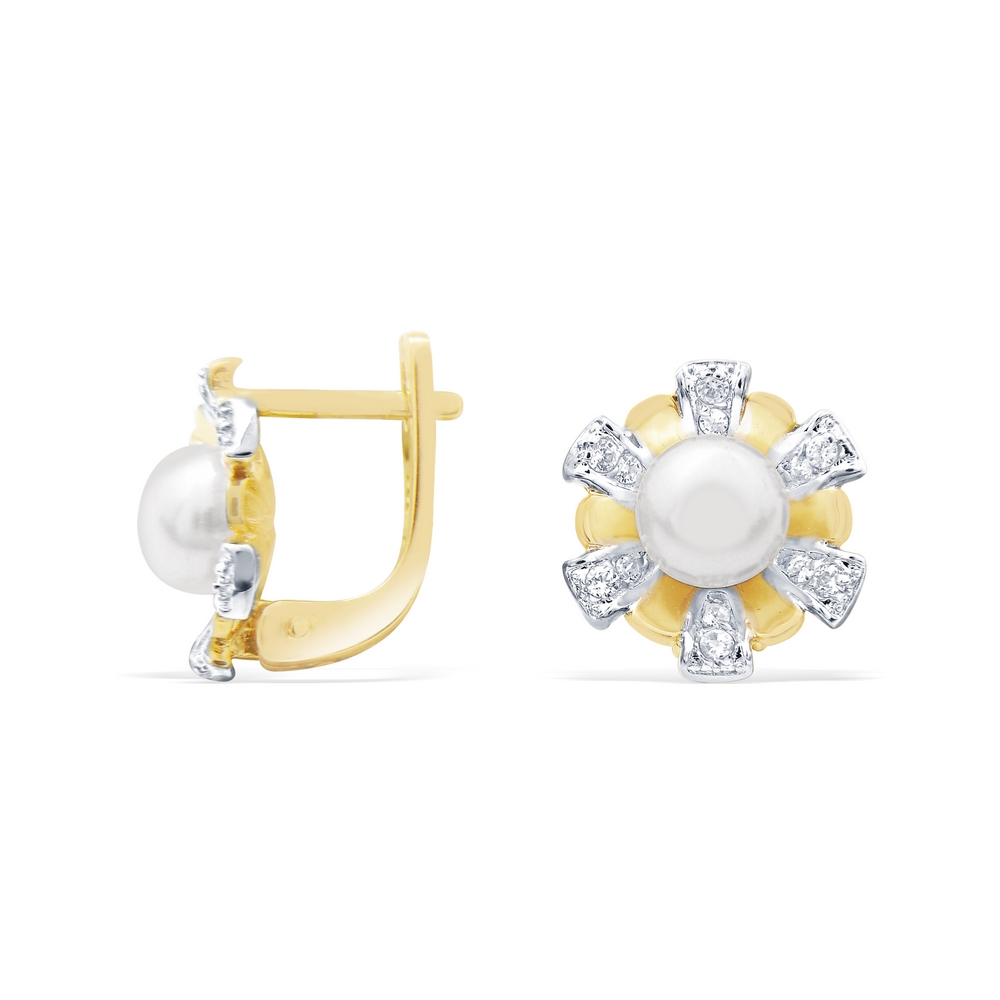 14 Ayar Sarı-Beyaz Altın İnci Küpe