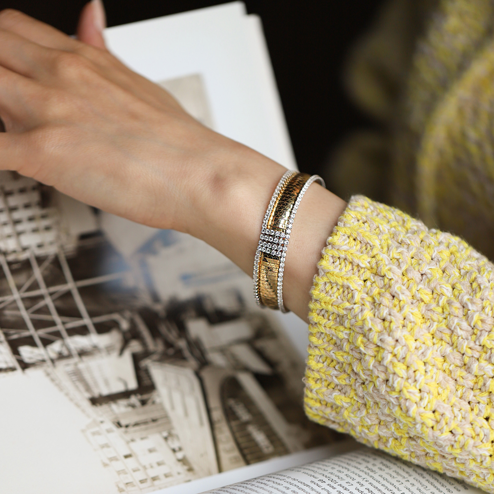 14 Ayar Sarı-Beyaz Altın Taşlı Kelepçe Bilezik