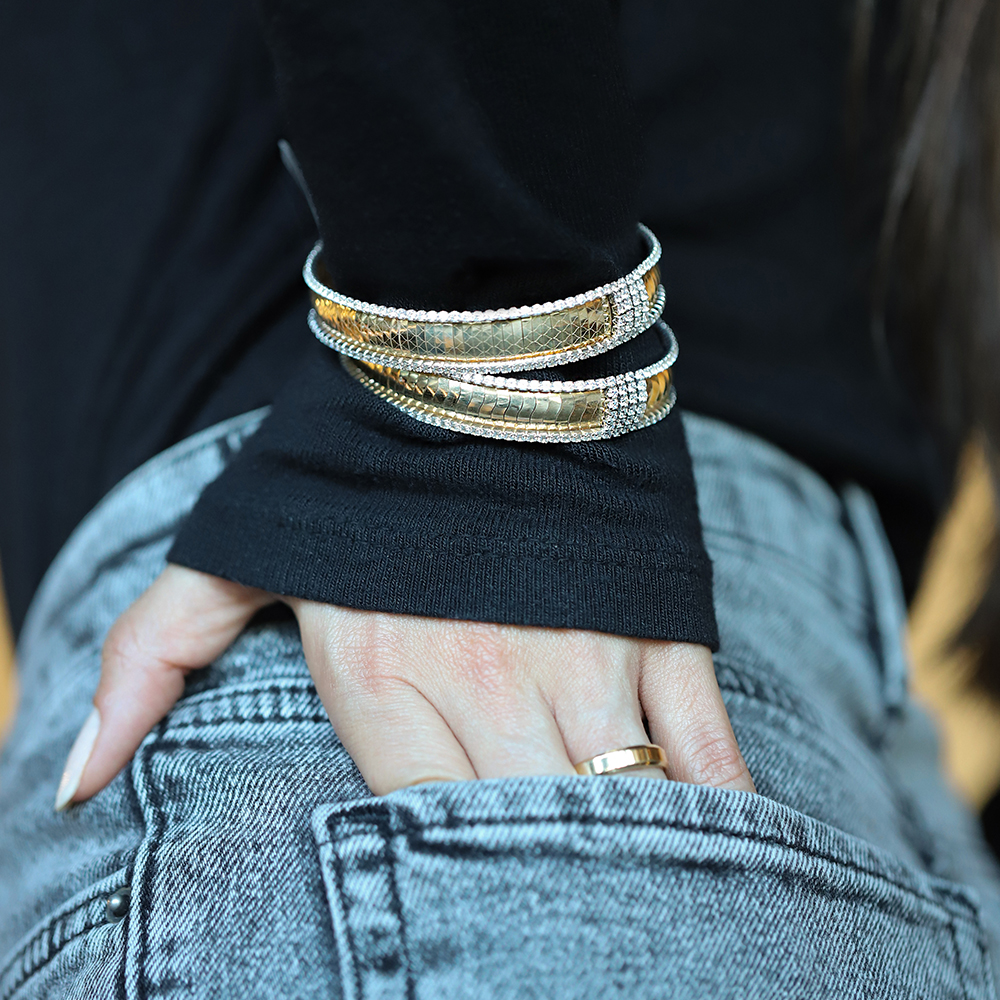 14 Ayar Sarı-Beyaz Altın Taşlı Kelepçe Bilezik