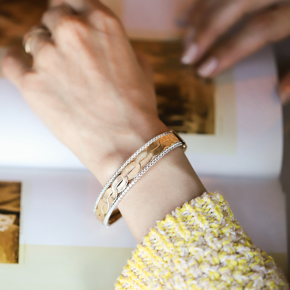 14 Ayar Sarı-Beyaz Altın Taşlı Kelepçe Bilezik