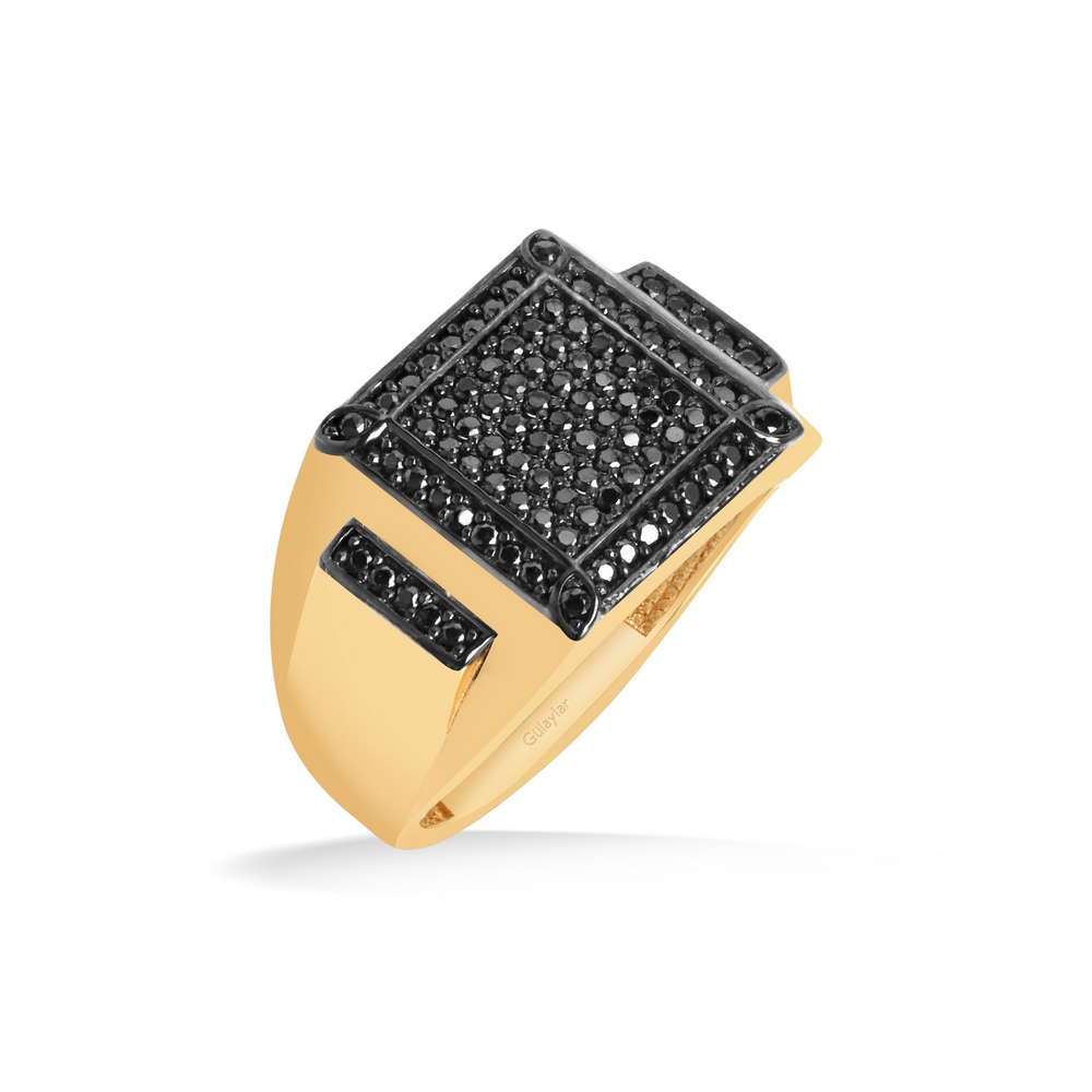 14 Ayar Sarı-Siyah Altın Taşlı Erkek Yüzük