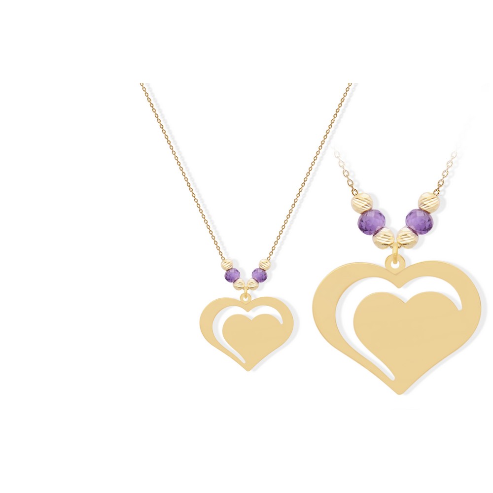 14 Ayar Sarı Altın Mor Taşlı Kalp Kolye