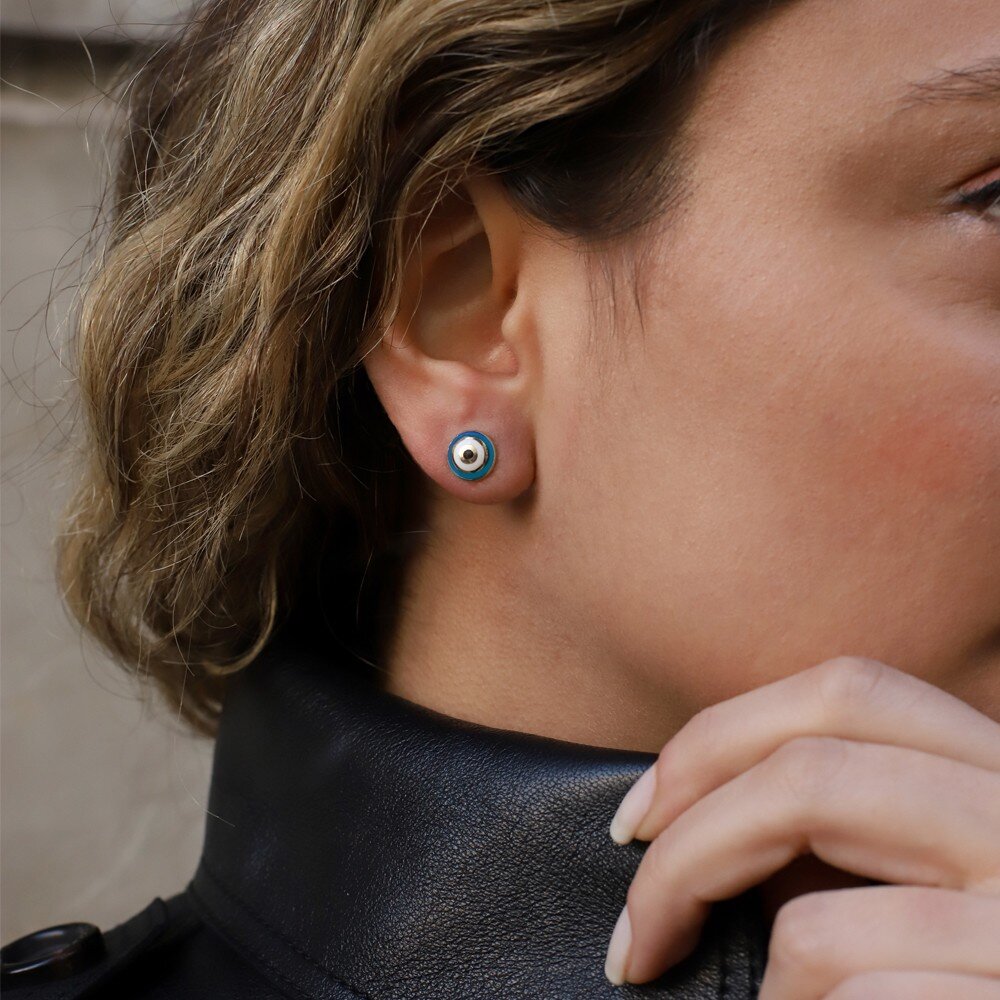 14 Ayar Sarı Altın Mavi Mineli Göz Figürlü Küpe