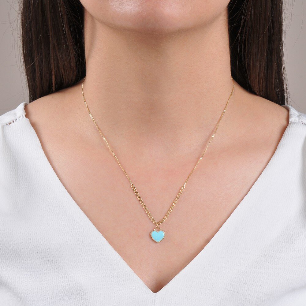 14 Ayar Sarı Altın Mavi Mineli Kalp Kolye