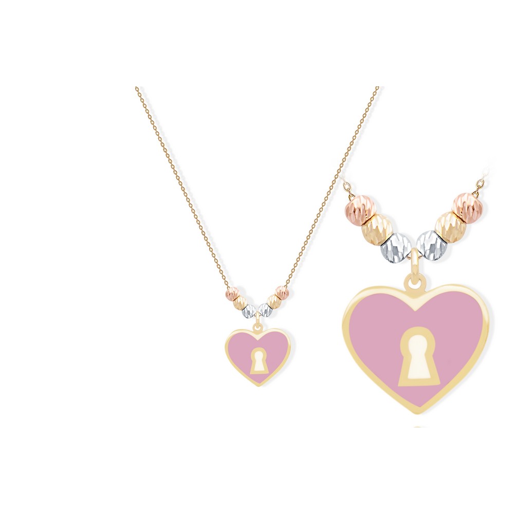 14 Ayar 3 Renkli Altın Kırmızı Mineli Kalp Figürlü Kolye