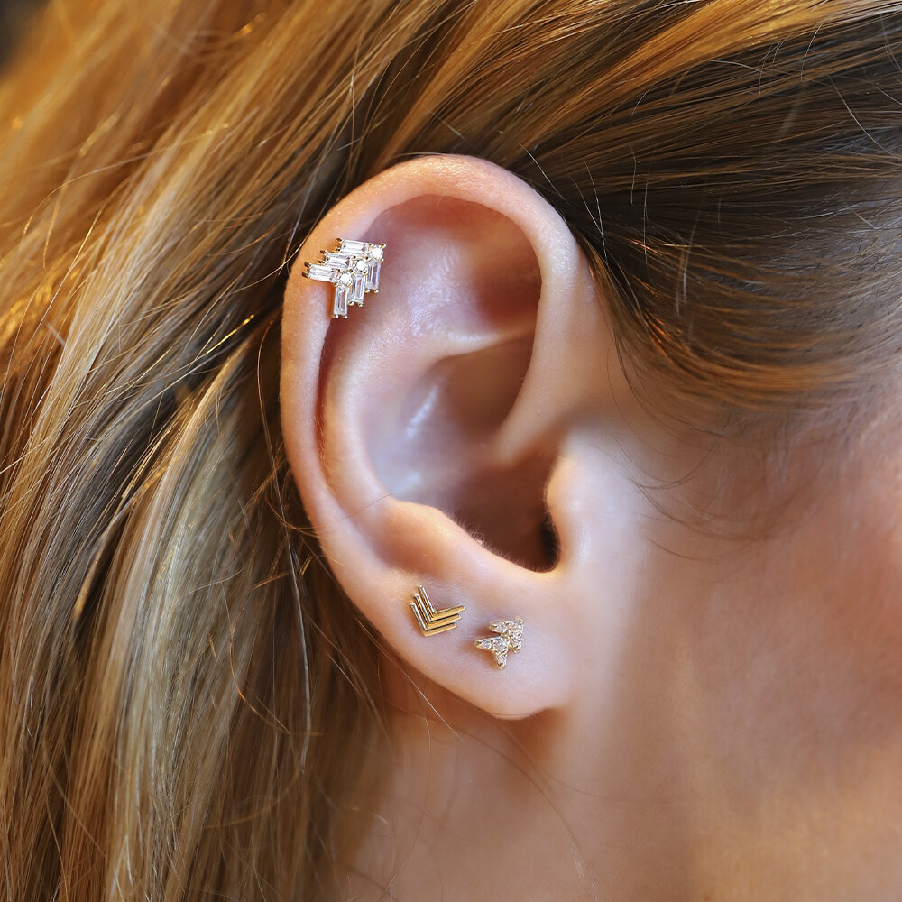 14 Ayar Sarı Altın Taşlı Baget Tragus Piercing
