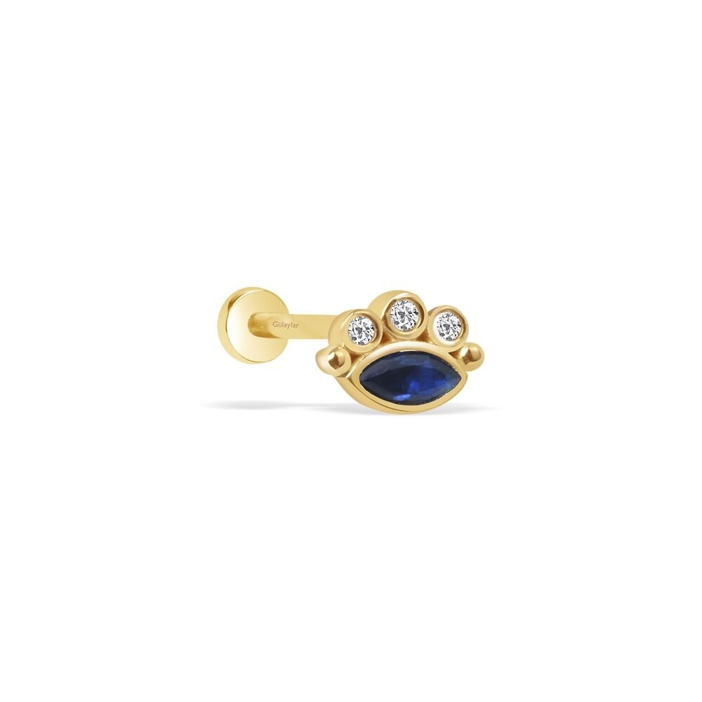 14 Ayar Sarı Altın Mavi Taşlı Göz Tragus Piercing