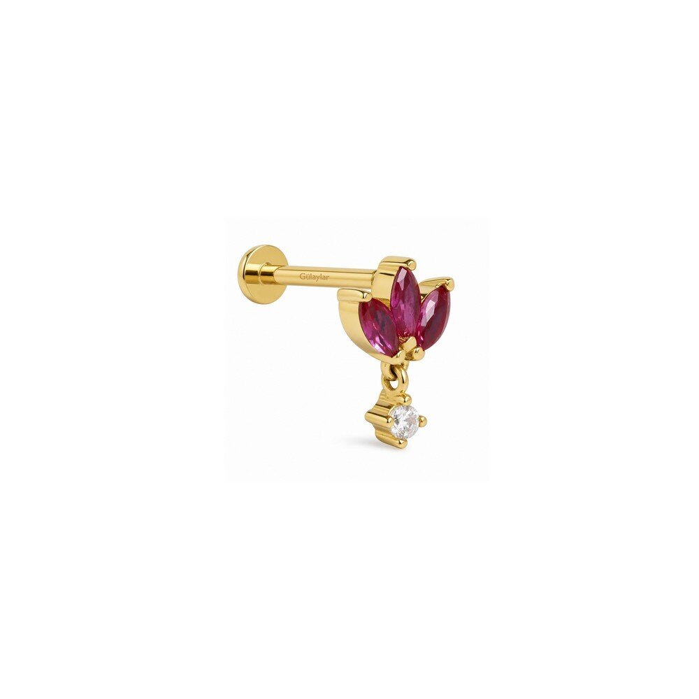 14 Ayar Sarı Altın Pembe Taşlı Tragus Piercing