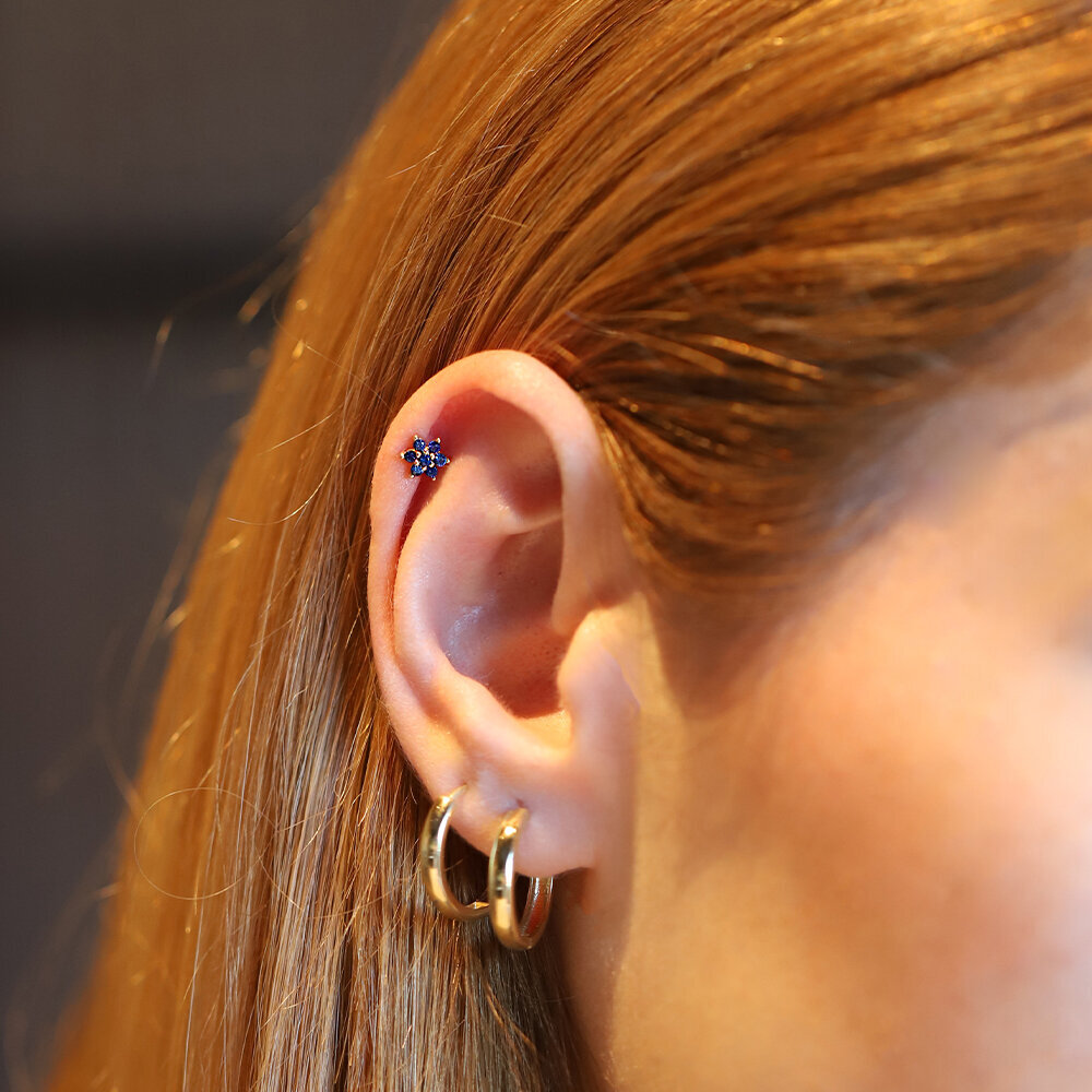 14 Ayar Sarı Altın Mavi Taşlı Piercing