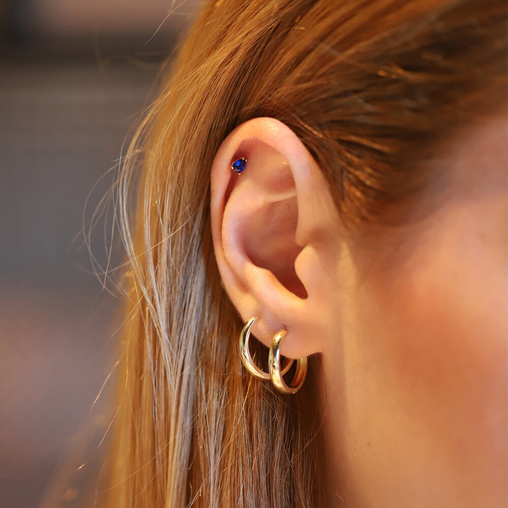 14 Ayar Sarı Altın Mavi Damla Taşlı Tragus Piercing
