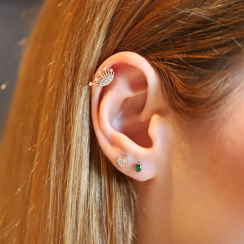 14 Ayar Sarı Altın Yeşil Damla Taşlı Tragus Piercing