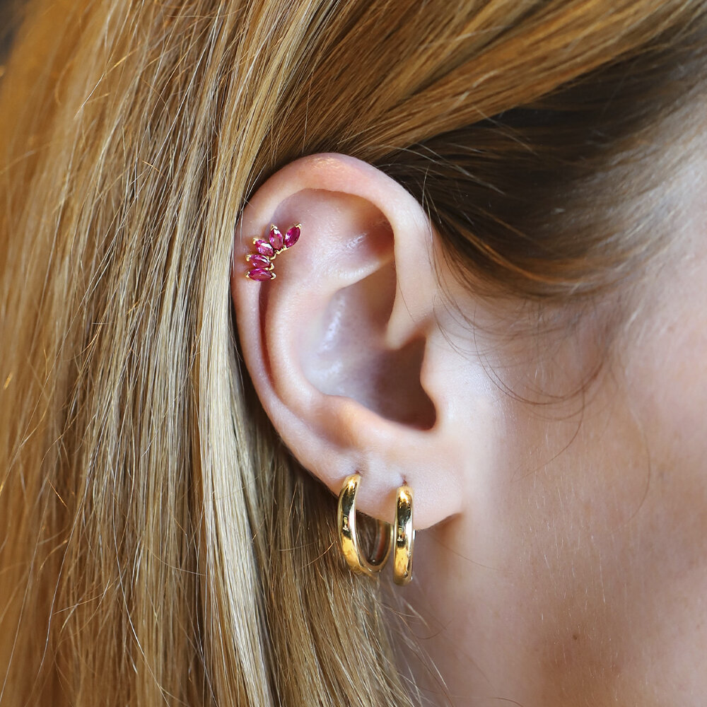 14 Ayar Sarı Altın Pembe Taşlı Tragus Piercing