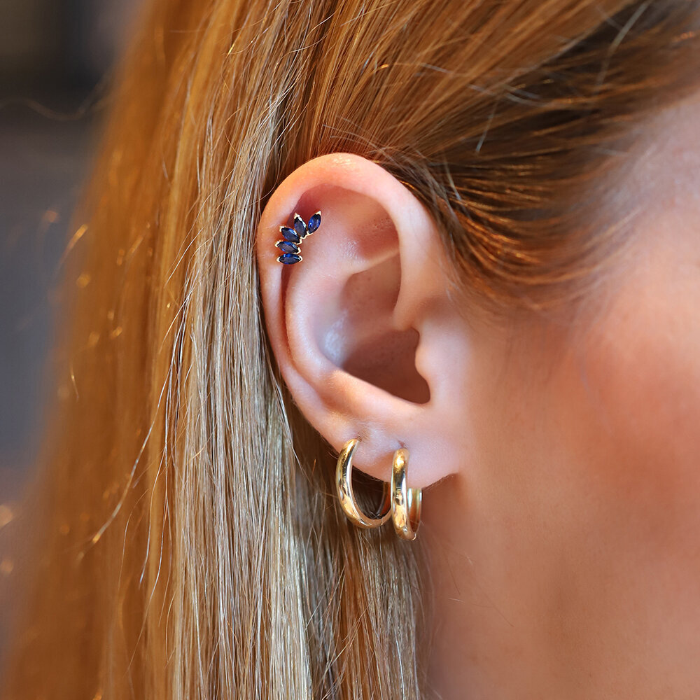 14 Ayar Sarı Altın Mavi Taşlı Tragus Piercing