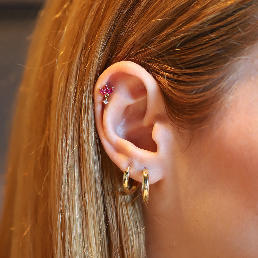 14 Ayar Sarı Altın Pembe Taşlı Tragus Piercing