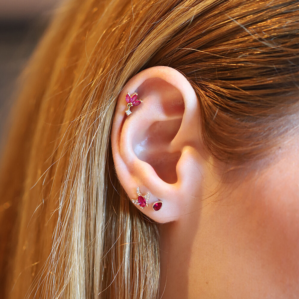 14 Ayar Sarı Altın Pembe Taşlı Tragus Piercing