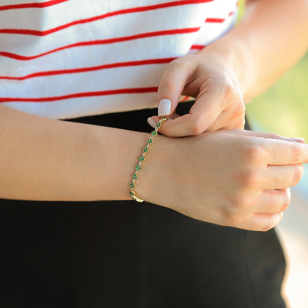 14 Ayar Sarı Altın Yeşil Taşlı Yonca Bileklik