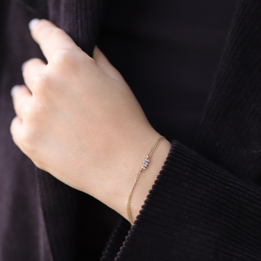14 Ayar Sarı Altın Baget Taşlı Minimal Bileklik