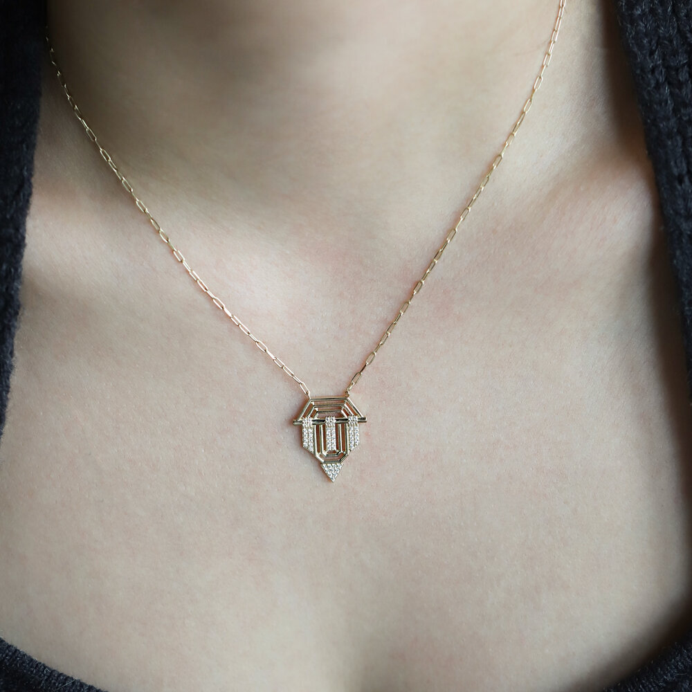 14 Ayar Sarı Altın Taşlı Trend Kolye