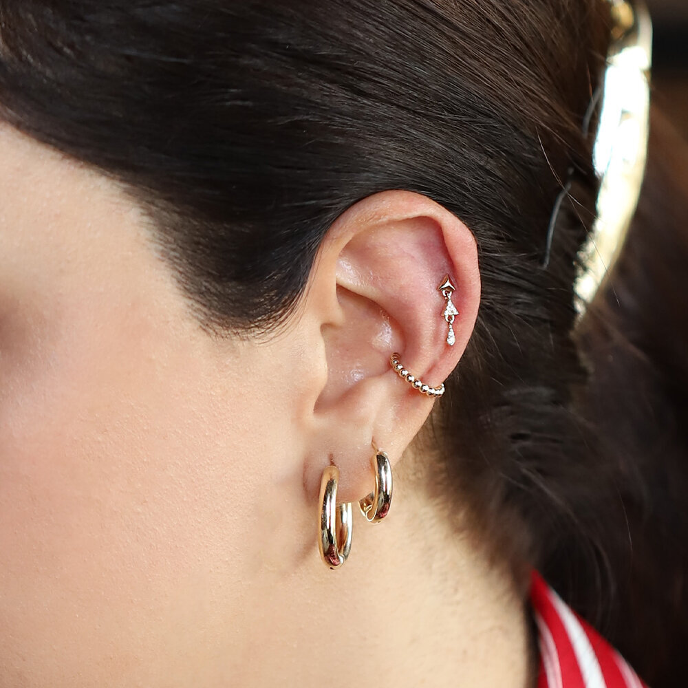 14 Ayar Sarı Altın Taşlı Sallantılı Piercing