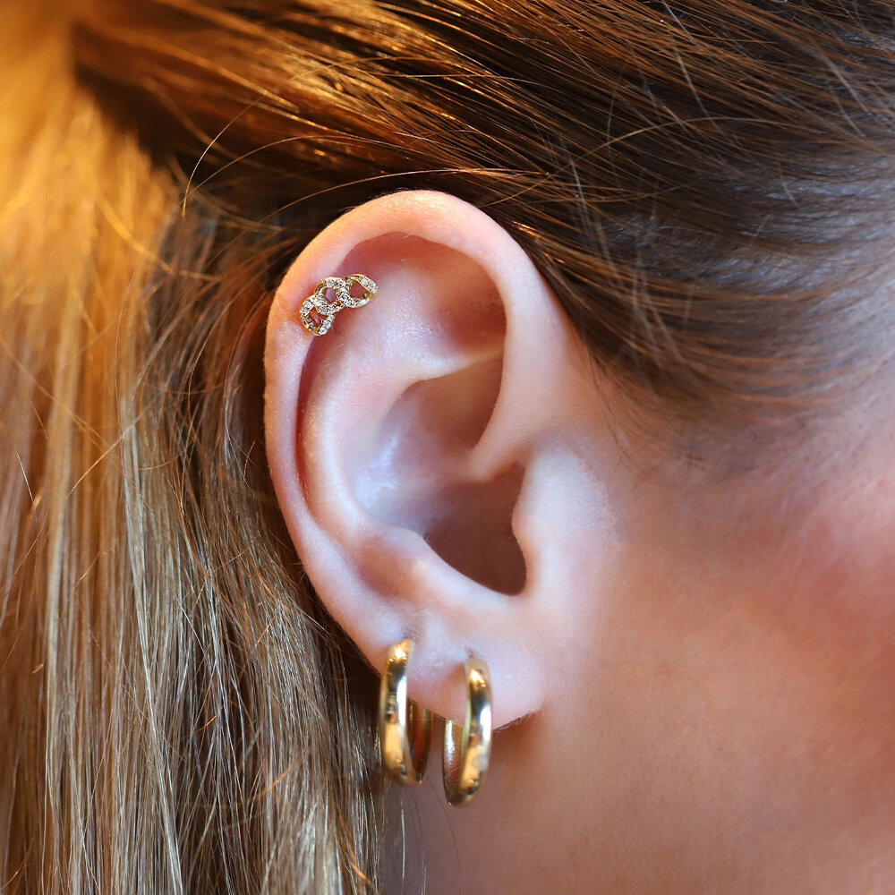 14 Ayar Sarı Altın Taşlı Zincir Tragus Piercing
