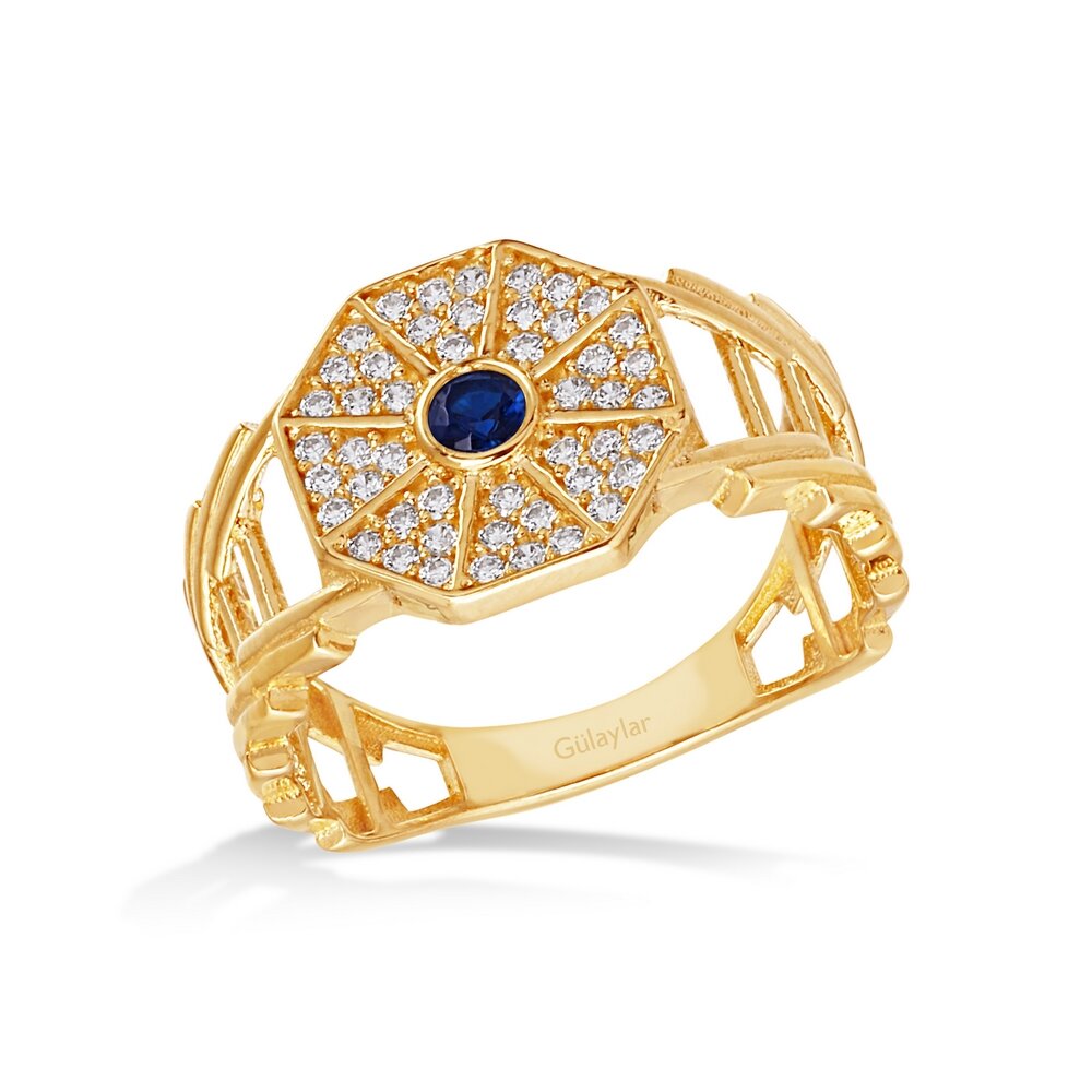 14 Ayar Sarı Altın Mavi Taşlı Yüzük