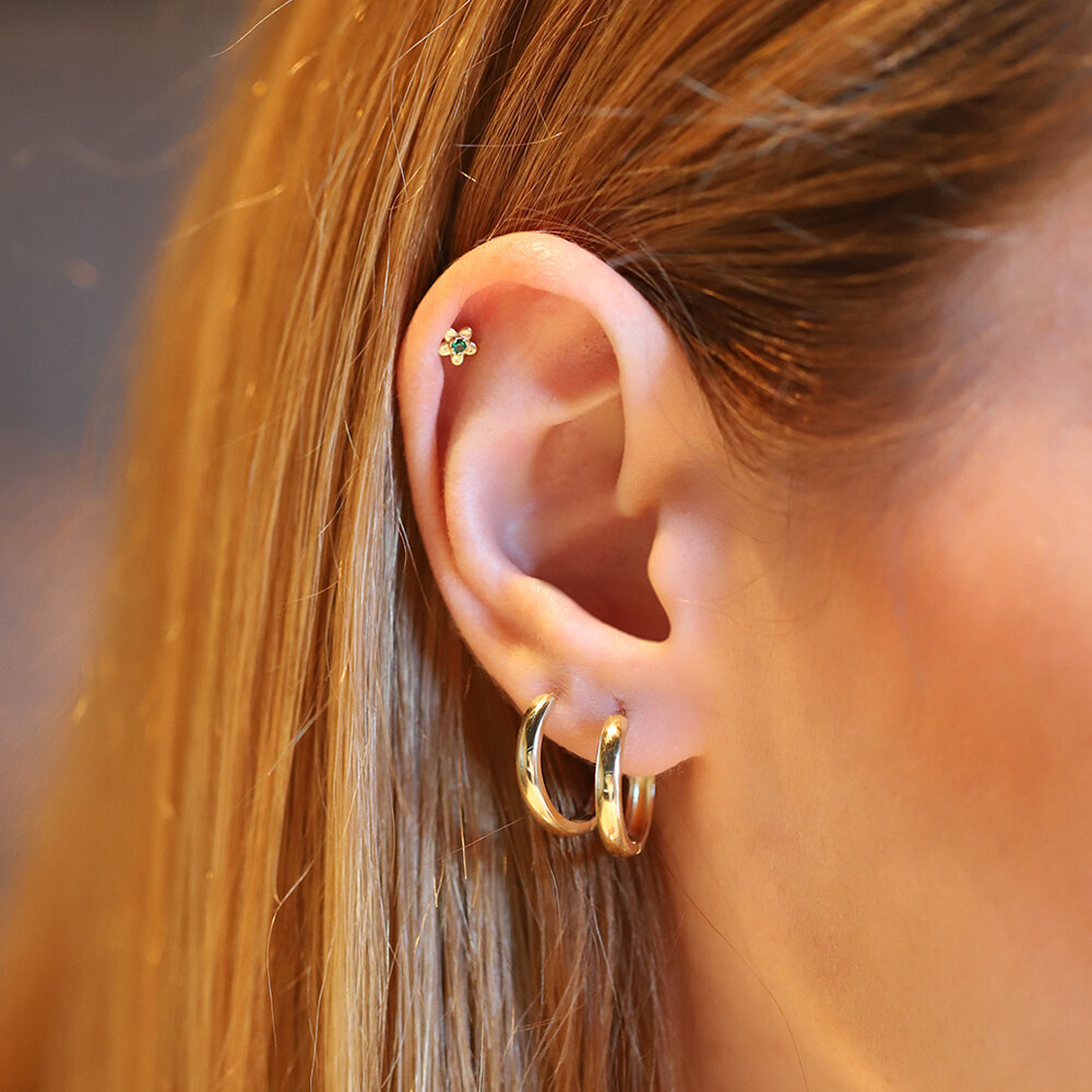 14 Ayar Sarı Altın Yeşil Taşlı Tragus Piercing