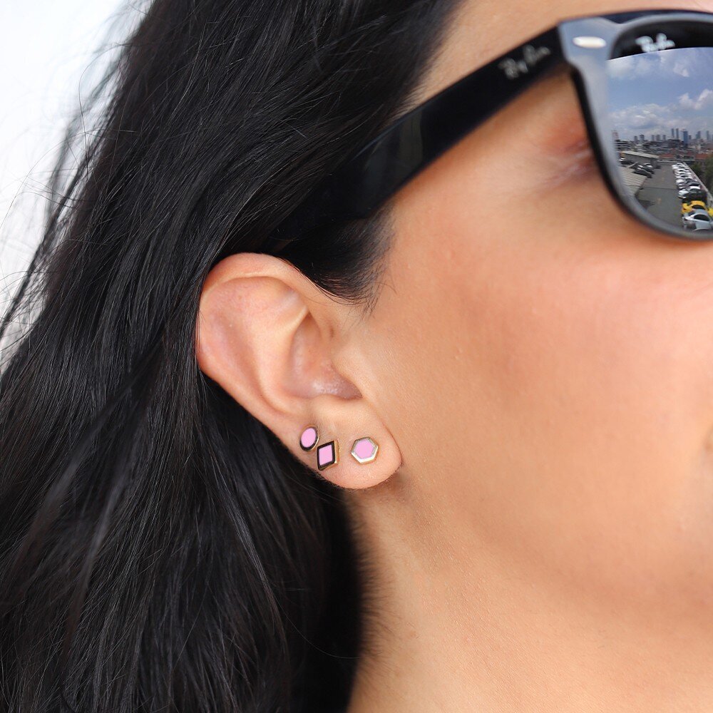 14 Ayar Pembe Mineli Minimal Küpe