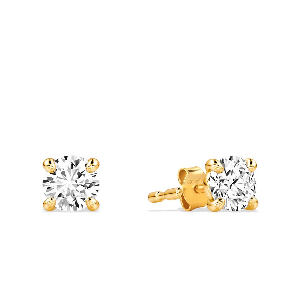 Sarı Altın 4 Tırnak Yuvarlak Kesim Tektaş Küpe
