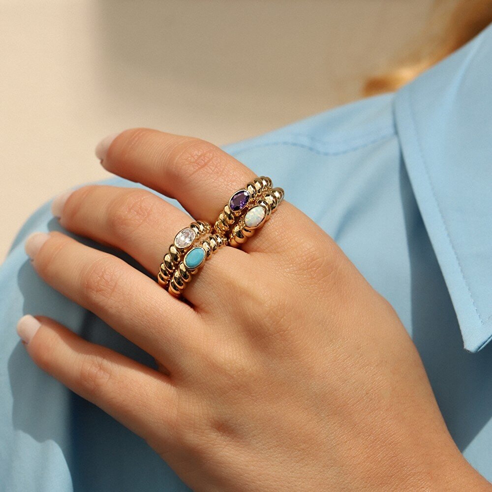 14 Ayar Sarı Altın Trend Mor Taşlı Burgu Yüzük