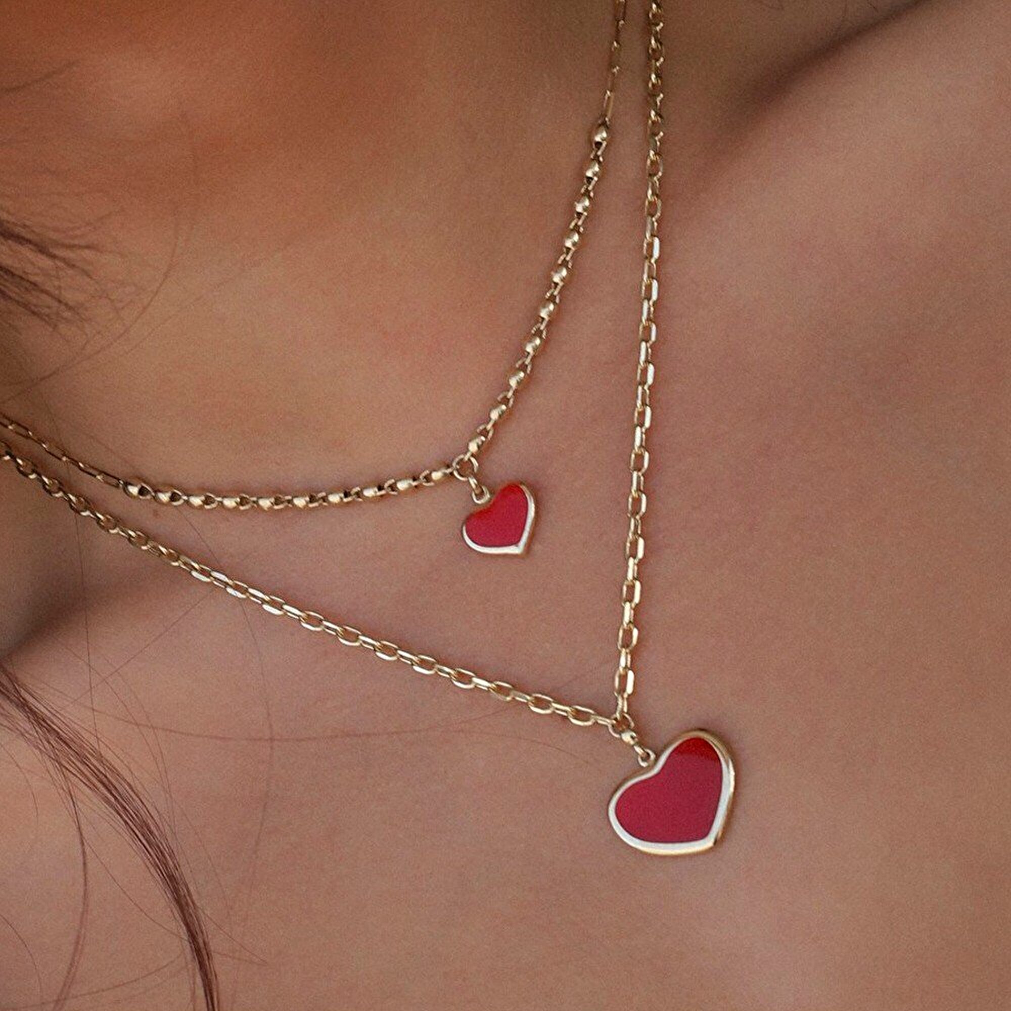 14 Ayar Sarı Altın Kırmızı Mineli Kalp Kolye