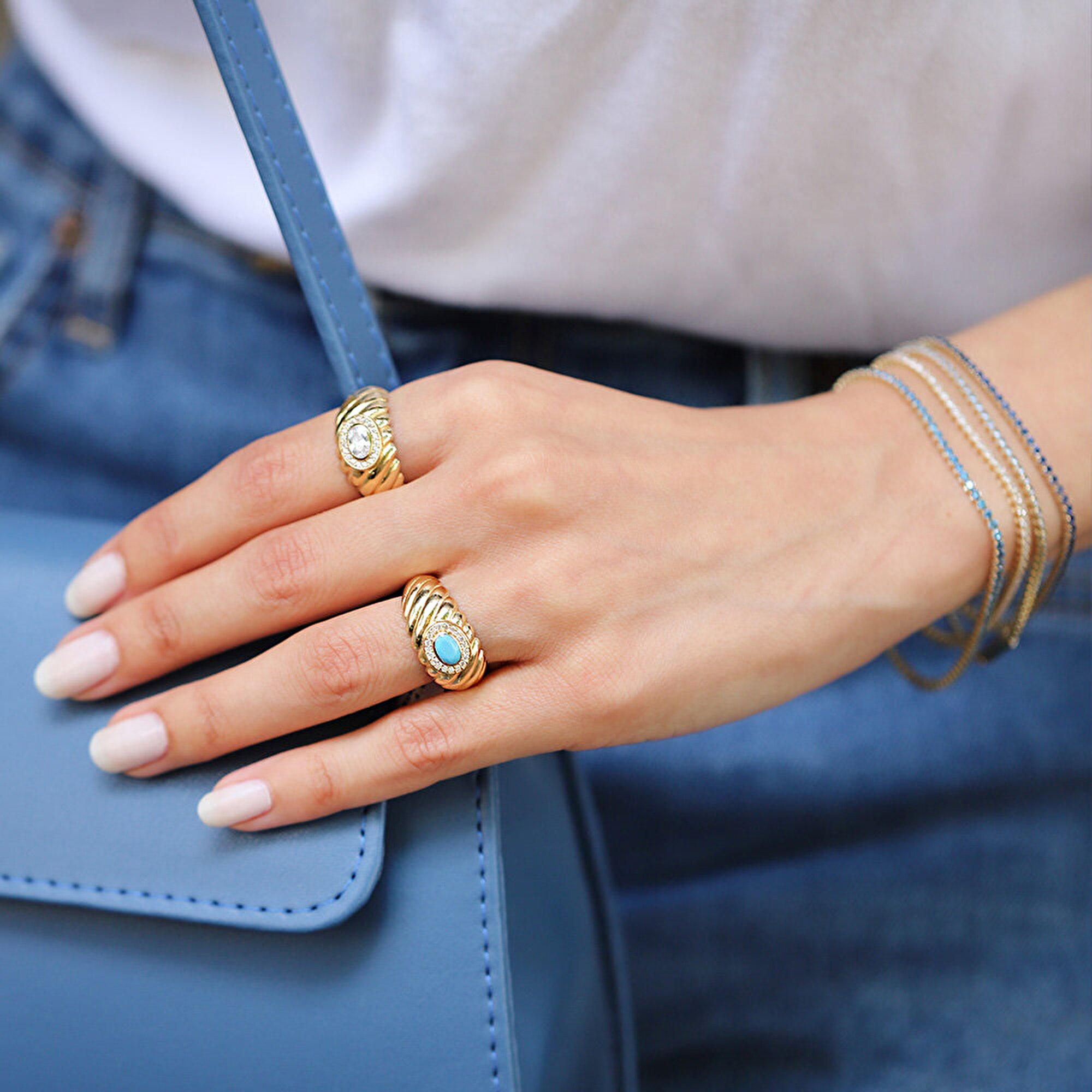 14 Ayar Sarı Altın Firuze Taşlı Burgu Yüzük