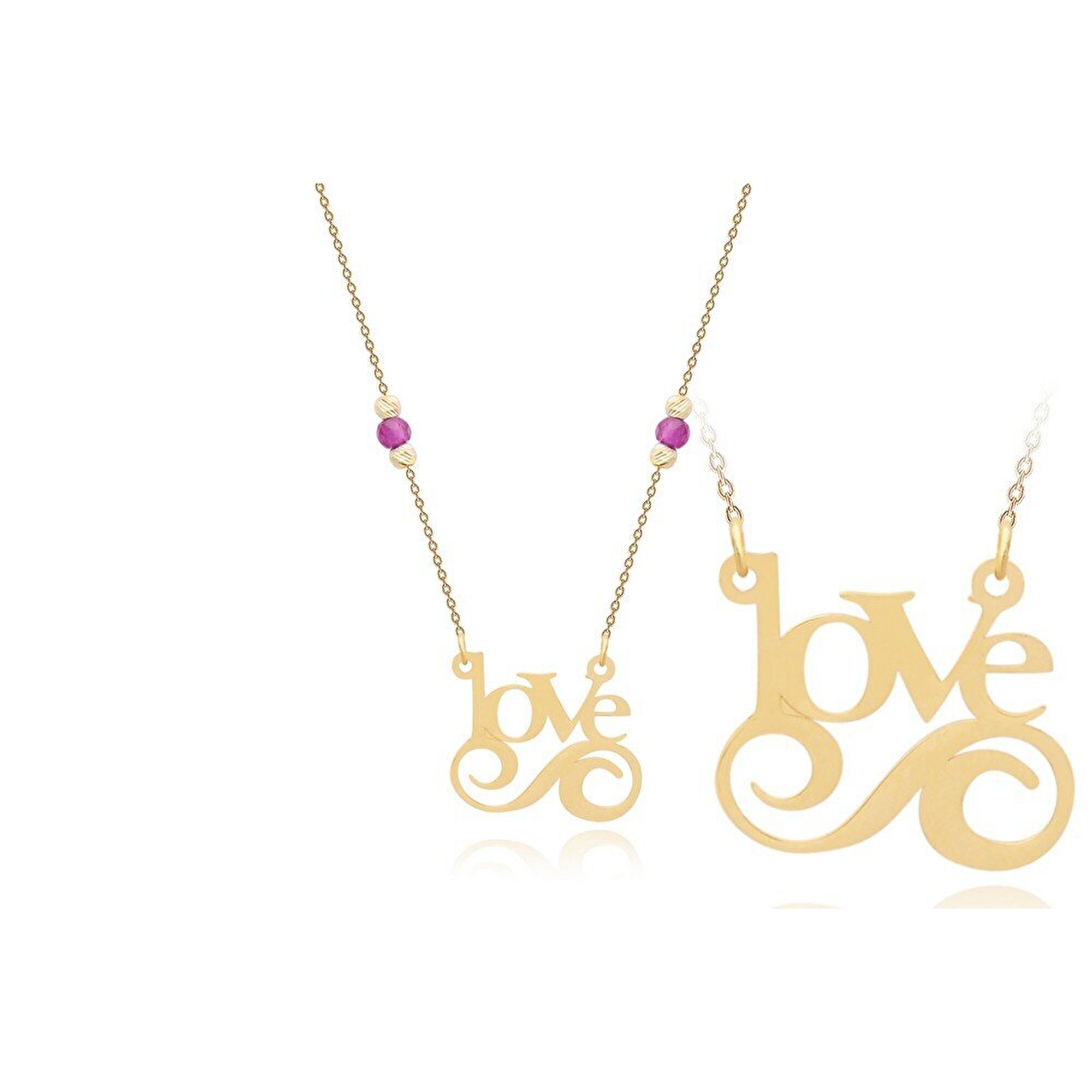 14 Ayar Sarı Altın Pembe Taşlı Love Kolye