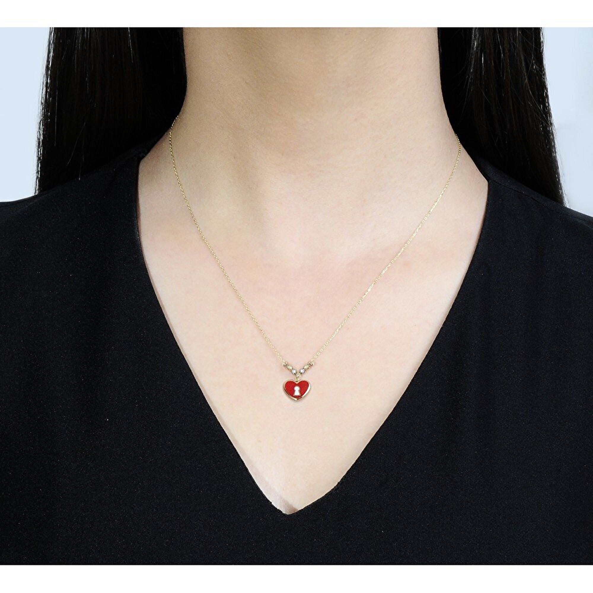 14 Ayar 3 Renkli Altın Kırmızı Mineli Kalp Figürlü Kolye